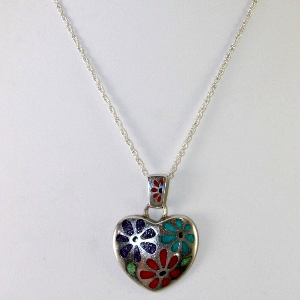 Sterling Silver & Inlay Mosaic Flowers of Turquoise / Coral / Sodalite Necklace